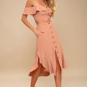 LuLu’s Co-Ord Matching Set Midi Skirt Crop top Mauve Pink Off-the-Shoulder